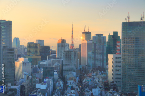 東京タワーと赤坂見附交差点と都心のビル群,朝, 千代田区,東京都