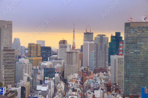 東京タワーと赤坂見附交差点と都心のビル群,夕景, 千代田区,東京都