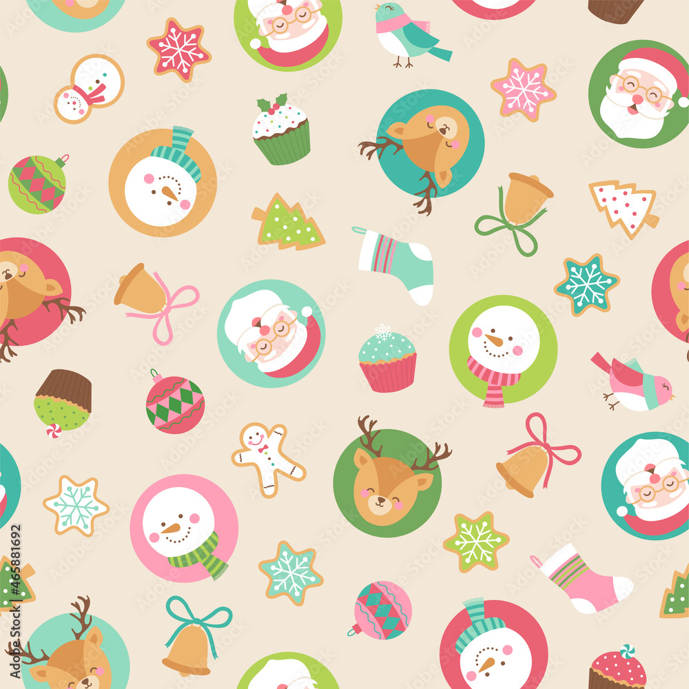 Cute christmas elements and cartoon character seamless pattern background. Cute christmas elements and cartoon character seamless pattern background.