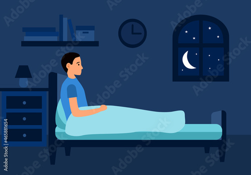 Sleepless man suffering from insomnia. Guy with open eyes in darkness night sitting on bed concept vector illustration. Male thinking in bedroom.
