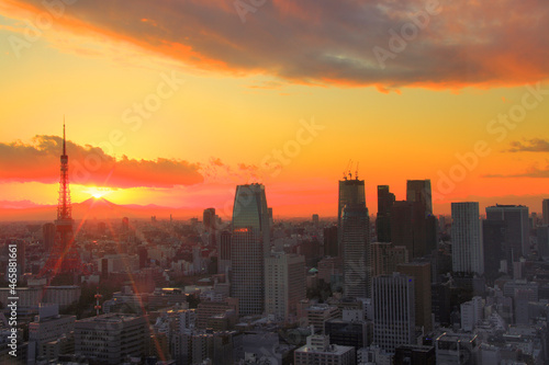 東京タワーと富士山と夕日と都心のビル群, 港区,東京都 photo
