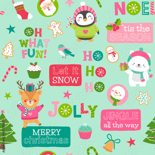 Cute christmas character and elements seamless pattern background.