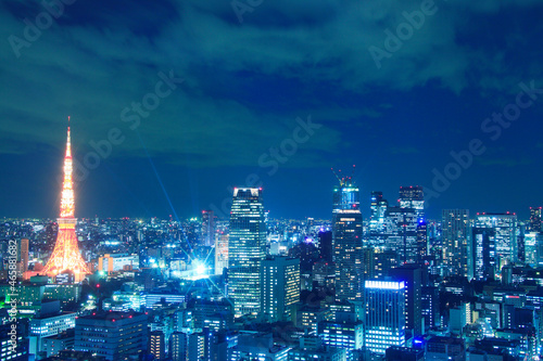 東京タワーのライトアップと都心のビル群,夜景, 港区,東京都