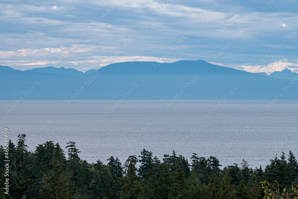 vast blue ocean over the wall of green pine tree with mountain range over the horizon buried in hazy clouds near sunset