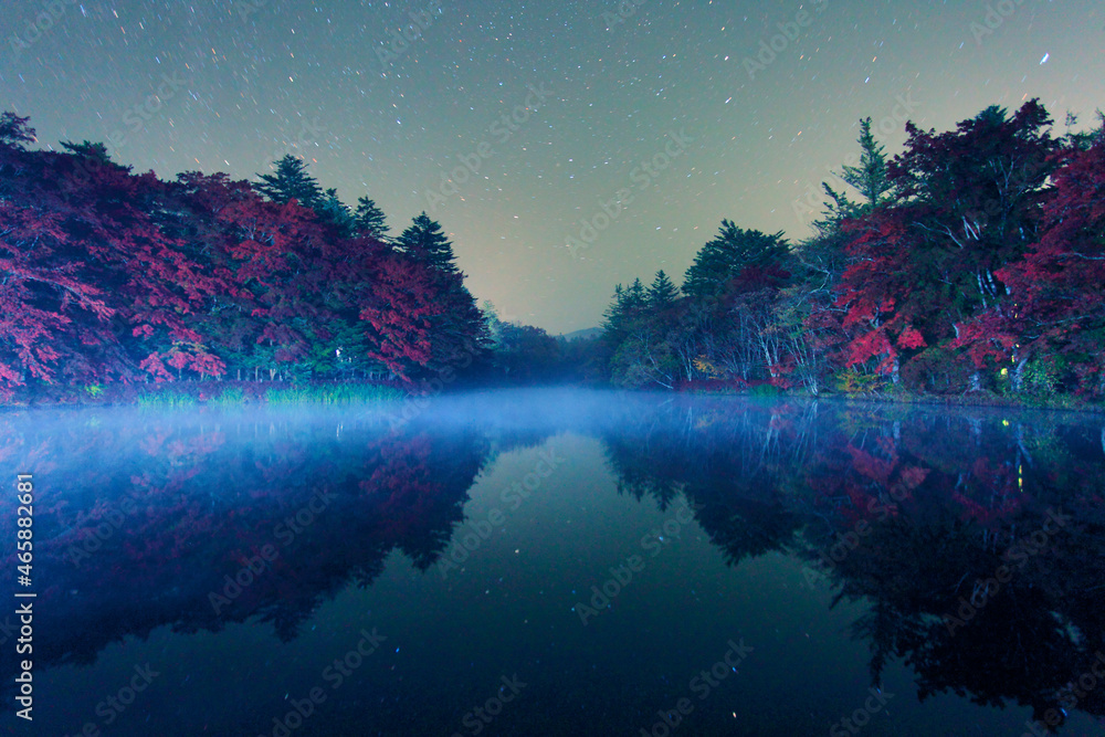 紅葉のモミジなどの樹林と水鏡の星空, 軽井沢町,北佐久郡,長野県 紅葉のモミジなどの樹林と水鏡の星空, 軽井沢町,北佐久郡,長野県