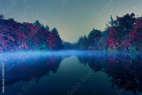 紅葉のモミジなどの樹林と水鏡の星空, 軽井沢町,北佐久郡,長野県