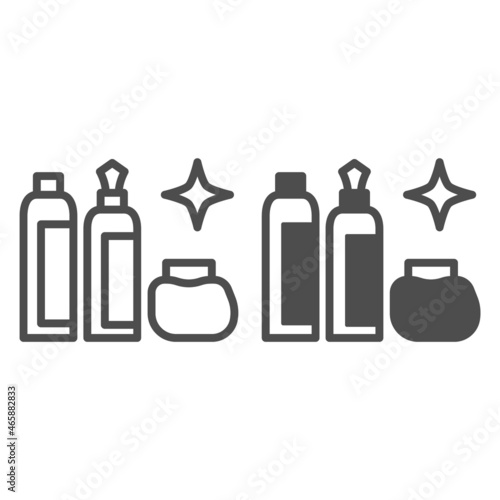 Bottles and shining star line and solid icon, dry cleaning concept, washing agents vector sign on white background, outline style icon for mobile concept and web design. Vector graphics.