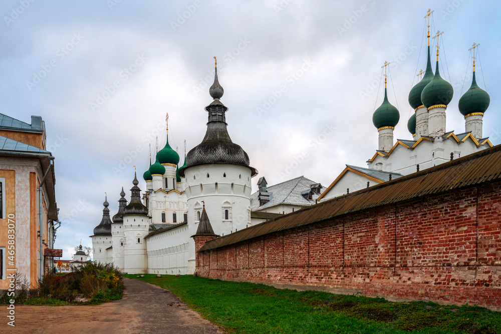 View of the Grigorievskaya Tower, the walls of the Metropolitan Courtyard, the entrance gate and the Church of St. John the Theologian in the Rostov Kremlin, Rostov the Great, Yaroslavl region, Russia