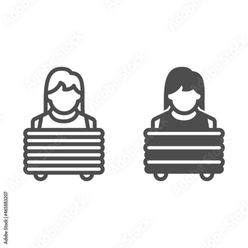 Woman with stack of clean clothes line and solid icon, cleaning concept, stack of washed towels vector sign on white background, outline style icon for mobile concept and web design. Vector graphics.