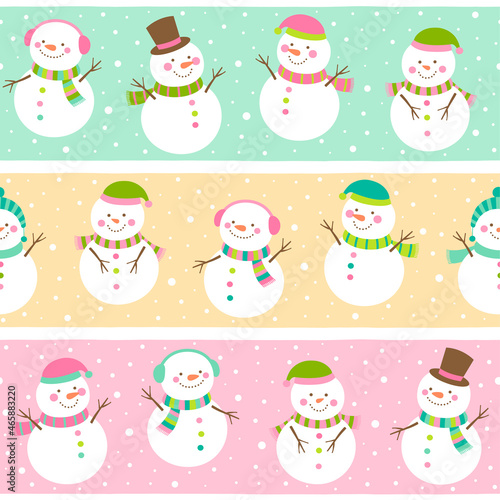 Cute snowman seamless pattern with pastel stripes background
