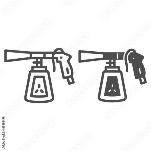 Pulverizer with cleaning agent line and solid icon, dry cleaning concept, chemical washing spray vector sign on white background, outline style icon for mobile concept and web design. Vector graphics.