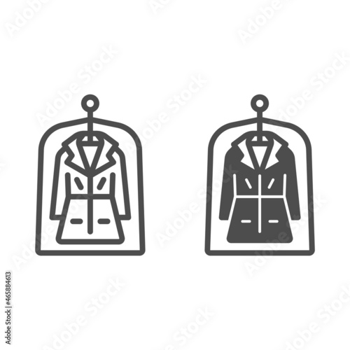 Coat in film packing line and solid icon, dry cleaning concept, garment in film vector sign on white background, outline style icon for mobile concept and web design. Vector graphics.