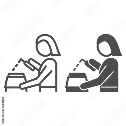 Woman apply cleaning agent line and solid icon, dry cleaning concept, employee put detergent vector sign on white background, outline style icon for mobile concept and web design. Vector graphics.