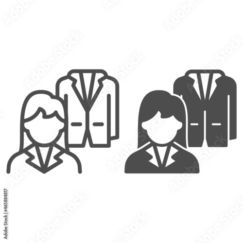 Woman employee and jacket, suit line and solid icon, clothing concept, clothes vector sign on white background, outline style icon for mobile concept and web design. Vector graphics.