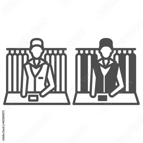 Dry cleaning worker behind pick up counter line and solid icon, dry cleaning concept, reception vector sign on white background, outline style icon for mobile concept and web design. Vector graphics.