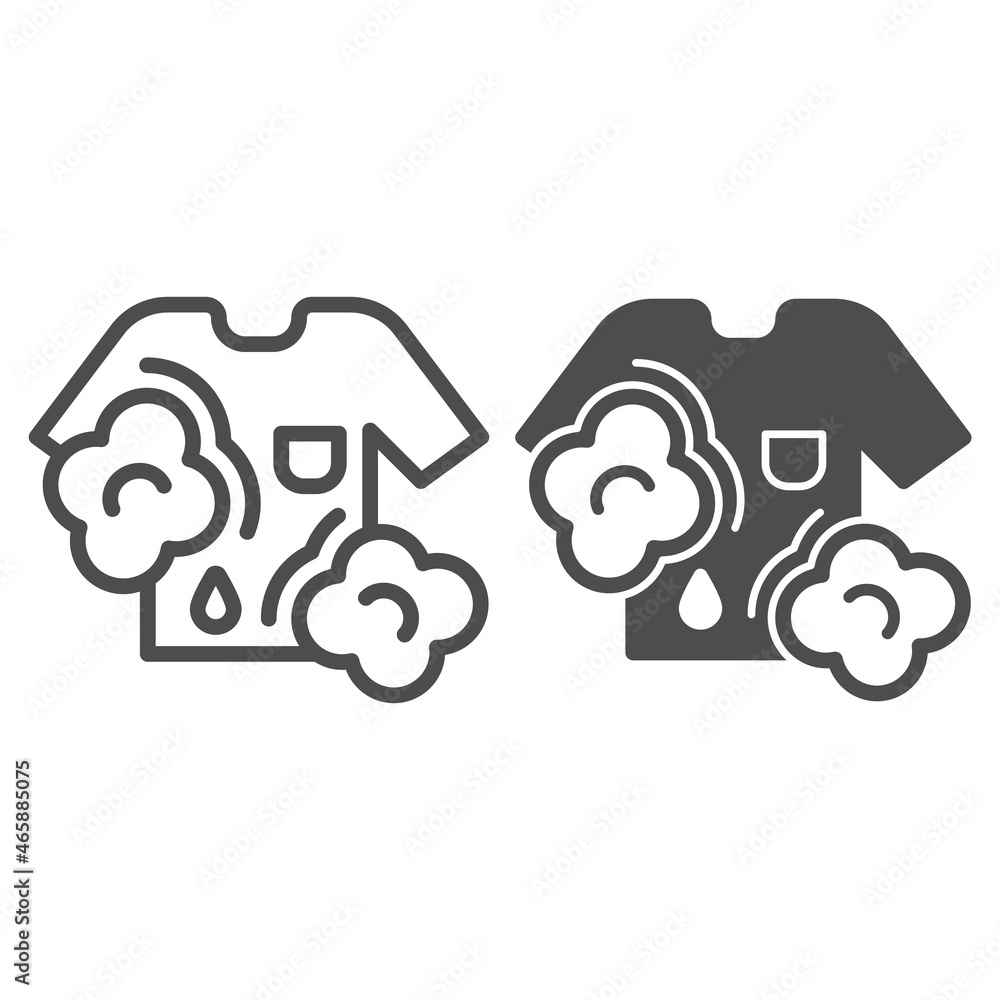 T shirt washing, foam and water drop line and solid icon, dry cleaning concept, stain removal vector sign on white background, outline style icon for mobile concept and web design. Vector graphics. T shirt washing, foam and water drop line and solid icon, dry cleaning concept, stain removal vector sign on white background, outline style icon for mobile concept and web design. Vector graphics.