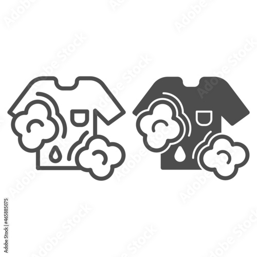 T shirt washing, foam and water drop line and solid icon, dry cleaning concept, stain removal vector sign on white background, outline style icon for mobile concept and web design. Vector graphics.