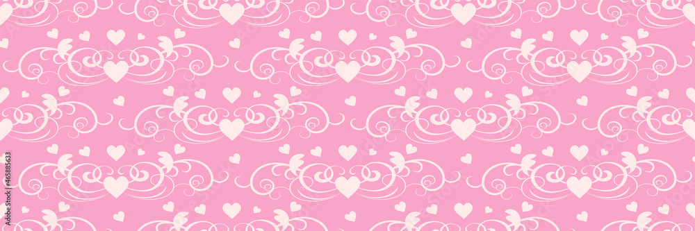 Beautiful romantic background images with hearts and decorative elements on a light pink background for your design. Seamless background for wallpaper, textures. Vector illustration.