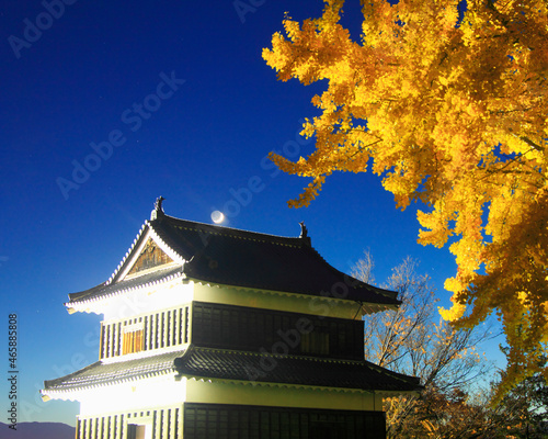 紅葉のイチョウと西櫓のライトアップと鯱と地球照の三日月,夕景, 上田市,長野県 photo