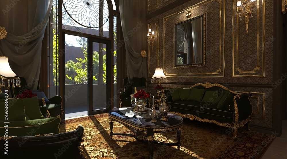 Luxury classic living room interior 3d illustration
