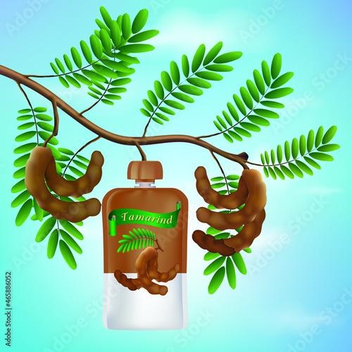 Tamarind leaf branches tamarind fruit tamarind shampoo bottle.