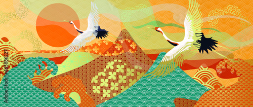 modern oriental style background vector. Chinese and Japanese oriental line art with abstract art texture. Wallpaper design with sun, clouds and Flamingo. Ocean and wave wall art for home decoration.