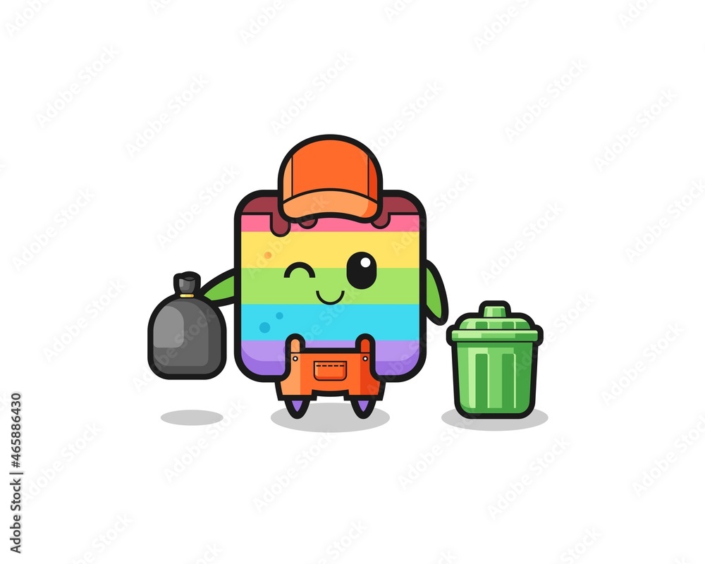 the mascot of cute rainbow cake as garbage collector the mascot of cute rainbow cake as garbage collector