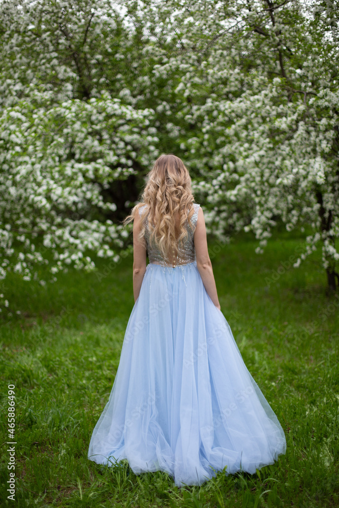 blonde girl in a blue dress in an apple orchard