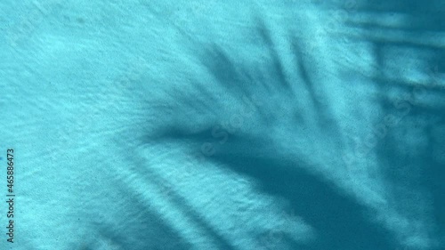 The shadow of the palm tree leaves reflected on the water of the swimming pool. photo