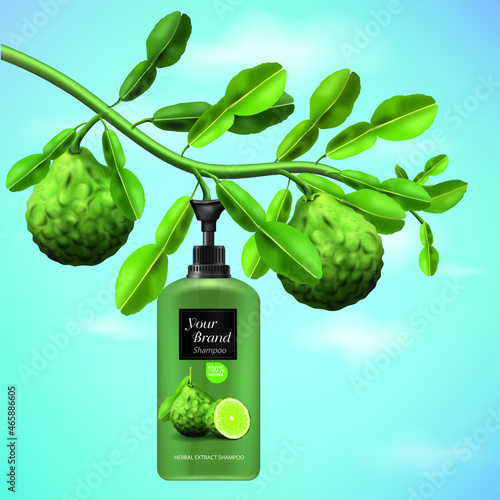 Branches, kaffir lime leaves, kaffir lime fruit The result is a shampoo bottle.