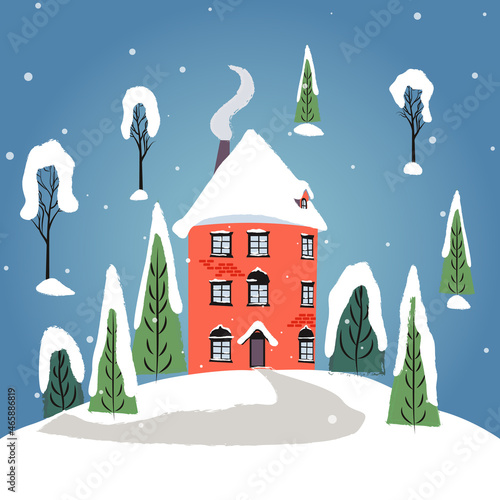 Winter illustration with a house and Christmas trees. Holiday card for
New Year and Christmas