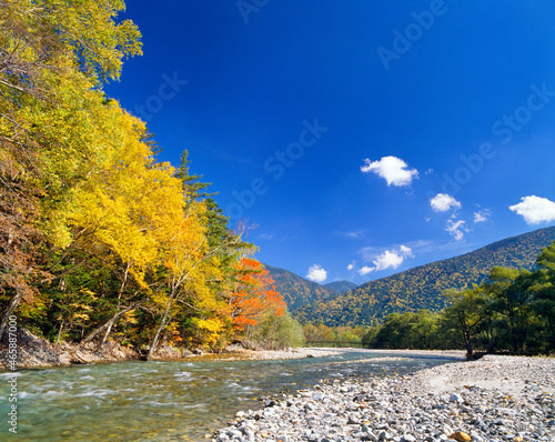 紅葉の樹林と梓川の清流, 松本市,長野県 photo