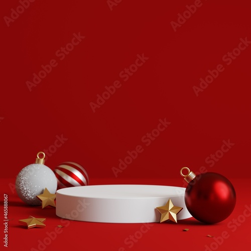 Christmas background with podium for product display. 3d rendering. Red background. photo