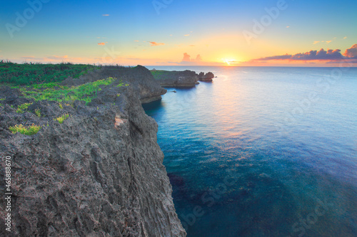 万座毛の岩壁と海と夕日, 恩納村,国頭郡,沖縄県 photo