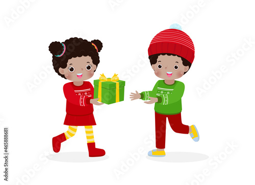 cute little African American boy give present to girl for christmas Cartoon characters flat design isolated on white background vector illustration