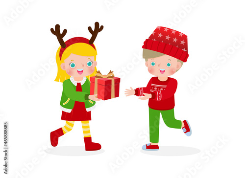 cute little caucasian boy give present to girl for christmas Cartoon characters flat design isolated on white background vector illustration