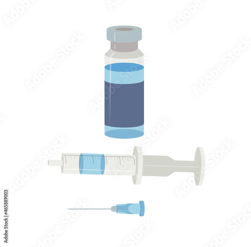 Glass bottle with vaccine, medicinal preparation in liquid form. disposable syringe and needle. Vector stock illustration isolated on white background.