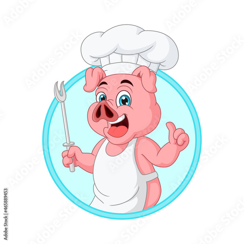 Cartoon little pig chef holding a fork