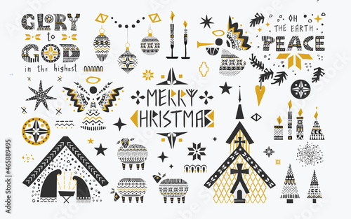 Monochrome christmas vector illustration set in scandinavian folk style.Good for greeting cards, interior or textile prints in hygge style and as separated elements for festive grafic designs.