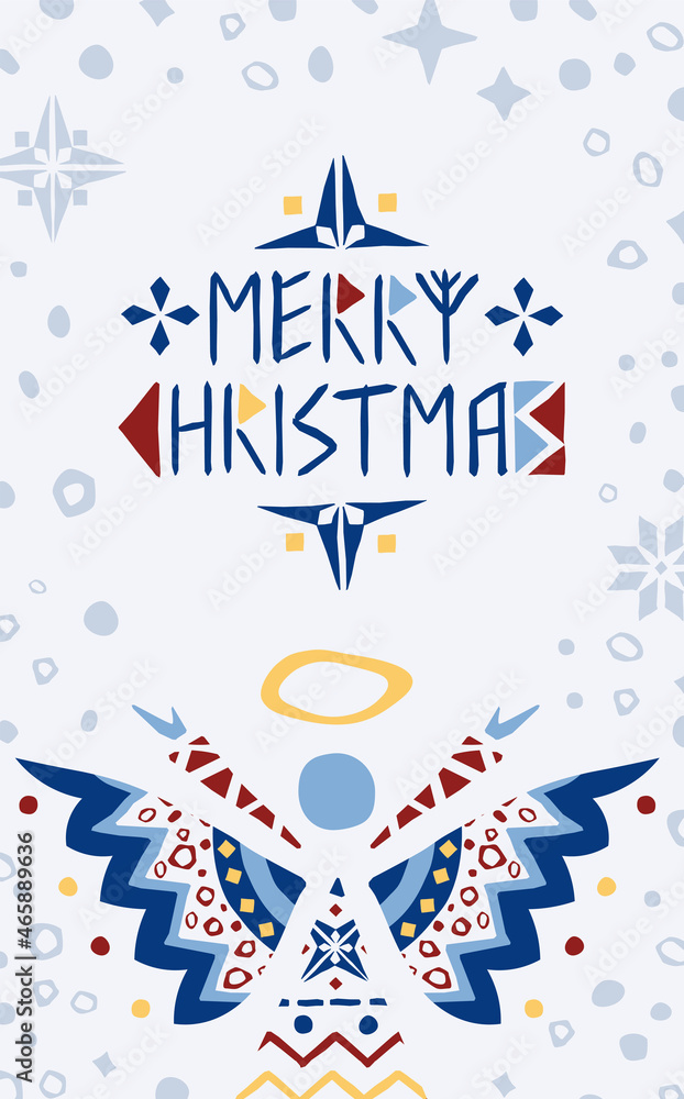 Vertical scandinavian greeting card template with angle and merry christmas text in runictic style. Also can be used as separated elements.
