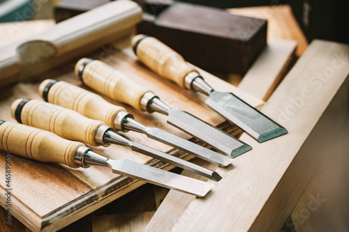 chisels for woodworking, carpentry, and carving on table,woodworking concept . selective focus