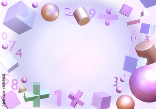 Color numbers and symbols, basic math work on pink background. Contains 3D rendered illustrations copy space. Basic math education concepts.