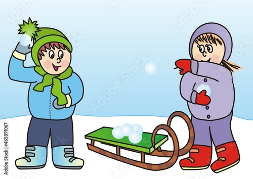 girl and boy with snowballs and sleigh, funny vector illustration, children in the mountains, boy and girl with sledge,eps.