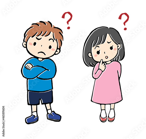 首をかしげる男の子と女の子のイラスト