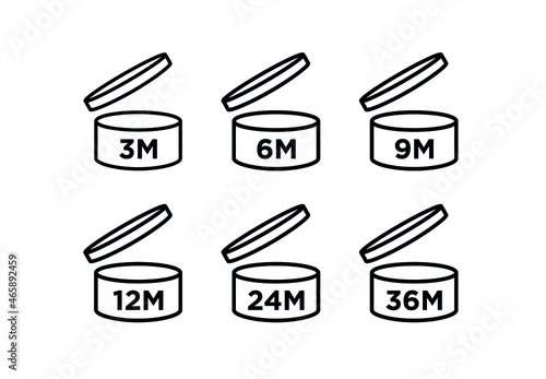 Period after opening (PAO). The expiration date (in months) icon of cosmetics and household chemicals after opening the container. Cylindrical open container in black. Isolated vector pictogram.