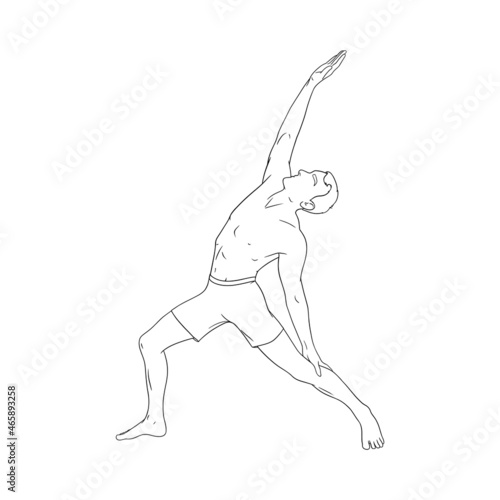 Yoga peaceful warrior asana or Viparita Virabhadrasana. Man practicing yoga asana. Engraved vector illustration isolated in white background