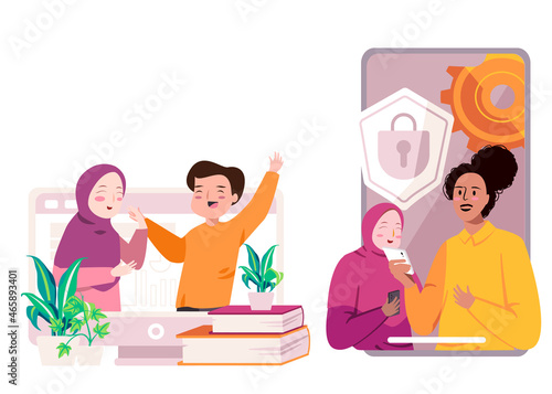 Parents discuss how to protect their children of negative effect of social media control secure access safety smartphone for kids children illustration
