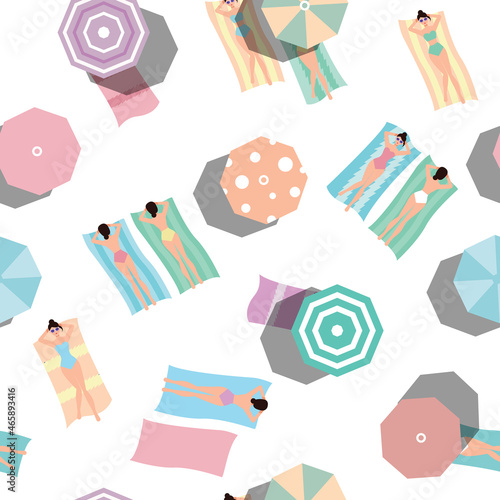 Sunbathing girl in under umbrella seamless pattern