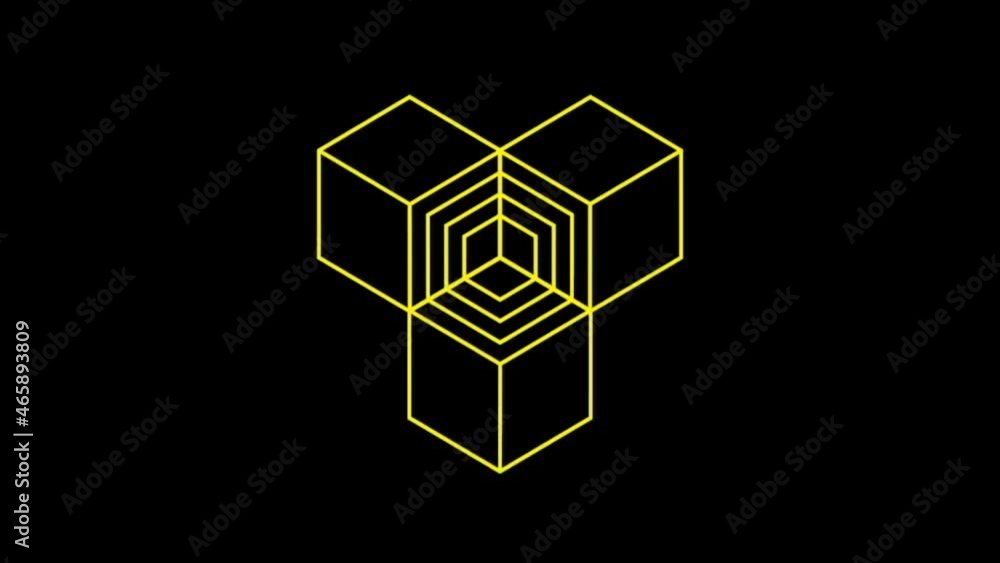 3D animation of the Golden cube rotation, the appearance of many cubes disintegrating into fragments.Abstract background with neon squares. Seamless loop. 3D animation of the Golden cube rotation, the appearance of many cubes disintegrating into fragments.Abstract background with neon squares. Seamless loop.