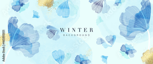 Watercolor art background vector. Wallpaper design with winter flower paint brush line art. Earth tone blue, pink, ivory, beige watercolor Illustration for prints, wall art, cover and invitation.